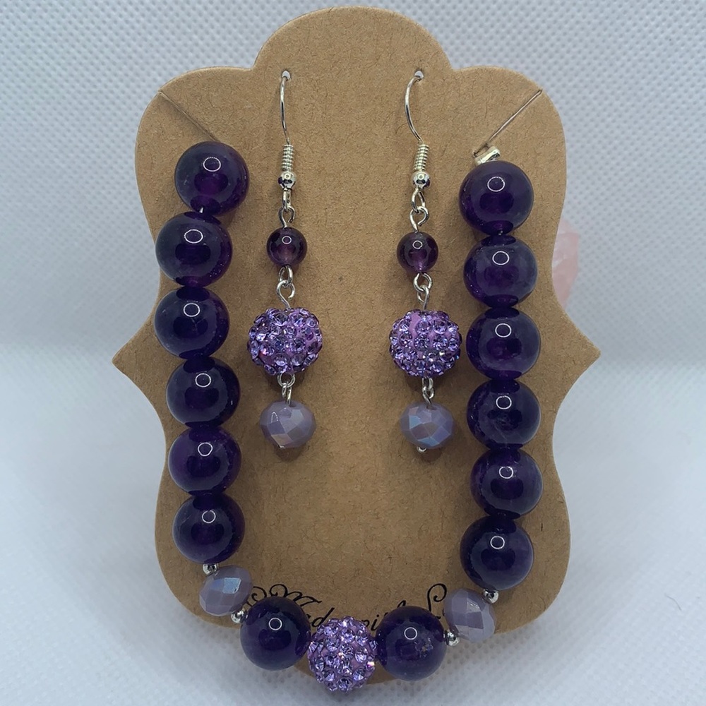 Handmade Amethyst Semiprecious Stone Silver Plated Adjustable Bracelet Earrings